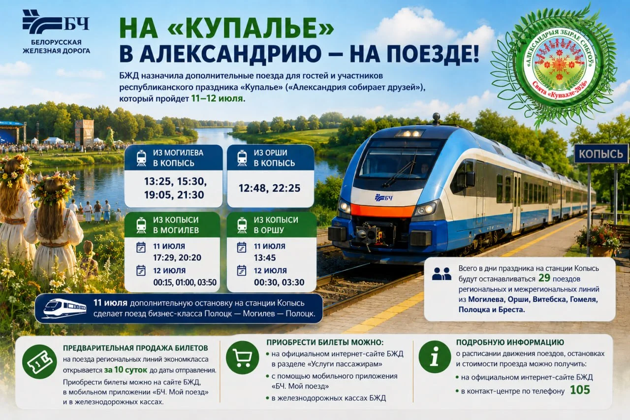 Белорусская железная дорога назначает дополнительные поезда к празднику «Купалье»